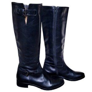 Italian Goth Black Leather Moto Riding Knee High Calf Boots Women's US 7.5